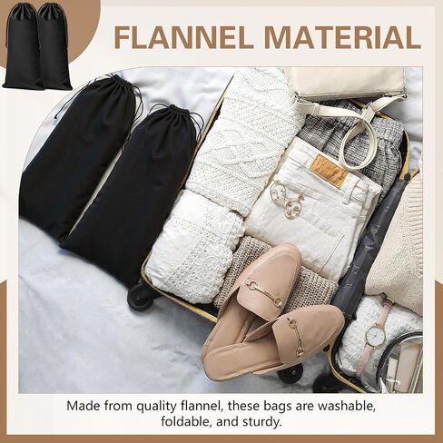 Amylove 4 Pcs Flannel Cloth Shoe Bags for Travel, 8 x 17 Inches Dust Pouch with Drawstring Closure, Washable Breathable Cotton Fabric for Luggage (Black) in Saudi Arabia