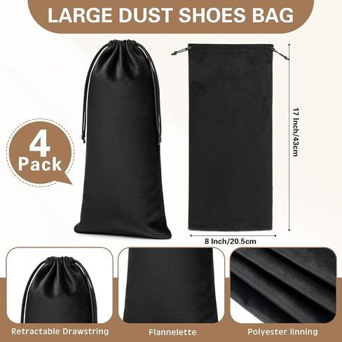 Amylove 4 Pcs Flannel Cloth Shoe Bags for Travel, 8 x 17 Inches Dust Pouch with Drawstring Closure, Washable Breathable Cotton Fabric for Luggage (Black) in Saudi Arabia