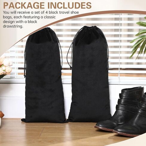 Amylove 4 Pcs Flannel Cloth Shoe Bags for Travel, 8 x 17 Inches Dust Pouch with Drawstring Closure, Washable Breathable Cotton Fabric for Luggage (Black) in Saudi Arabia