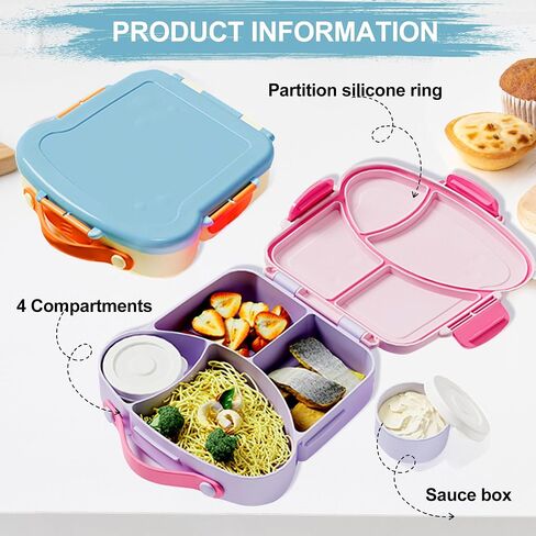 Kids Bento Lunch Box, Toast Shaped 4-Compartment 31OZ Container with Sauce Cup & Utensils (Ages 3+) Leak-Proof, Drop-Proof, Dishwasher Safe | BPA-Free Reusable Lunch Box for School, Travel | Pink in Saudi Arabia