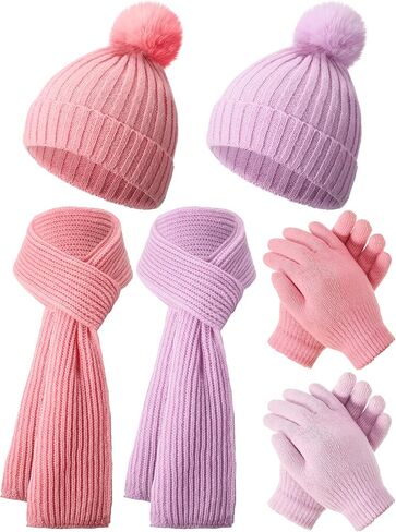 JaGely 2 Sets Kids Winter Hat Gloves Scarf Set Girls and Boys Knit Hat with Pom Warm Scarf Snow Gloves for 3-10 Years Toddler in Kuwait