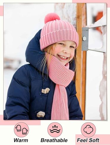 JaGely 2 Sets Kids Winter Hat Gloves Scarf Set Girls and Boys Knit Hat with Pom Warm Scarf Snow Gloves for 3-10 Years Toddler in Kuwait