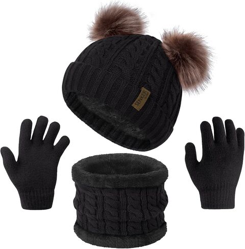 Senker Fashion Winter Beanie Kids Hat and Gloves Set for Girls Boys Toddler Pompom Knit Fleece Lined for Cold Weather in Saudi Arabia
