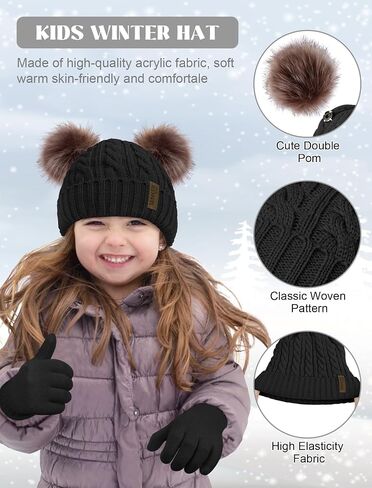 Senker Fashion Winter Beanie Kids Hat and Gloves Set for Girls Boys Toddler Pompom Knit Fleece Lined for Cold Weather in Saudi Arabia