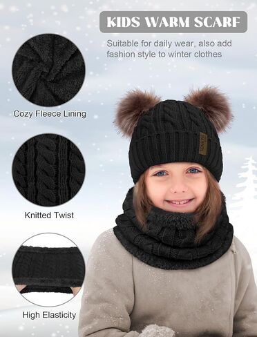 Senker Fashion Winter Beanie Kids Hat and Gloves Set for Girls Boys Toddler Pompom Knit Fleece Lined for Cold Weather in Saudi Arabia