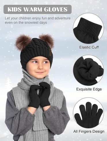 Senker Fashion Winter Beanie Kids Hat and Gloves Set for Girls Boys Toddler Pompom Knit Fleece Lined for Cold Weather in Saudi Arabia