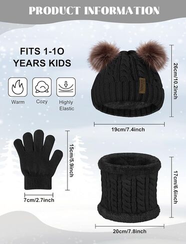 Senker Fashion Winter Beanie Kids Hat and Gloves Set for Girls Boys Toddler Pompom Knit Fleece Lined for Cold Weather in Saudi Arabia