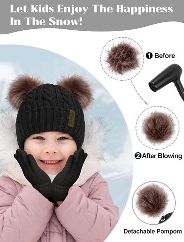 Senker Fashion Winter Beanie Kids Hat and Gloves Set for Girls Boys Toddler Pompom Knit Fleece Lined for Cold Weather in Saudi Arabia
