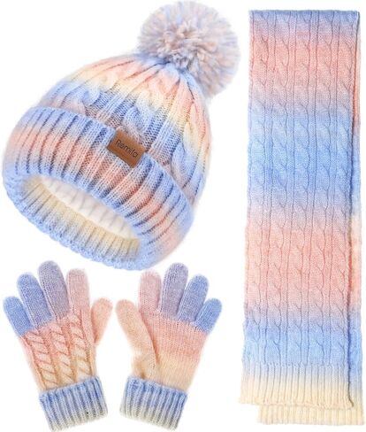 Kids Winter Hat Scarf Gloves Set, Girls Boys Toddler 8% Wool Warm Fleece Lined Pom Pom Beanie Hat Knit Neck Scarf Soft Thick Mittens Gloves for Cold Weather 3 In 1 Birthday Christmas Gift for Children in Kuwait
