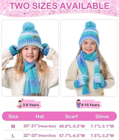 Kids Winter Hat Scarf Gloves Set, Girls Boys Toddler 8% Wool Warm Fleece Lined Pom Pom Beanie Hat Knit Neck Scarf Soft Thick Mittens Gloves for Cold Weather 3 In 1 Birthday Christmas Gift for Children in Kuwait