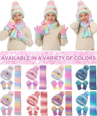 Kids Winter Hat Scarf Gloves Set, Girls Boys Toddler 8% Wool Warm Fleece Lined Pom Pom Beanie Hat Knit Neck Scarf Soft Thick Mittens Gloves for Cold Weather 3 In 1 Birthday Christmas Gift for Children in Kuwait
