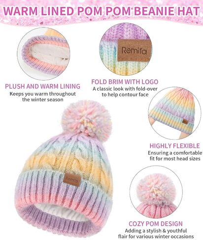 Kids Winter Hat Scarf Gloves Set, Girls Boys Toddler 8% Wool Warm Fleece Lined Pom Pom Beanie Hat Knit Neck Scarf Soft Thick Mittens Gloves for Cold Weather 3 In 1 Birthday Christmas Gift for Children in Kuwait