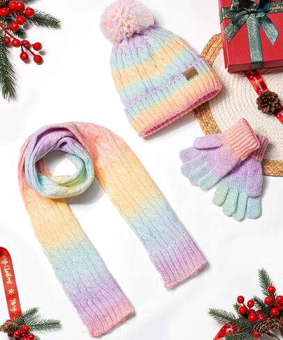 Kids Winter Hat Scarf Gloves Set, Girls Boys Toddler 8% Wool Warm Fleece Lined Pom Pom Beanie Hat Knit Neck Scarf Soft Thick Mittens Gloves for Cold Weather 3 In 1 Birthday Christmas Gift for Children in Kuwait