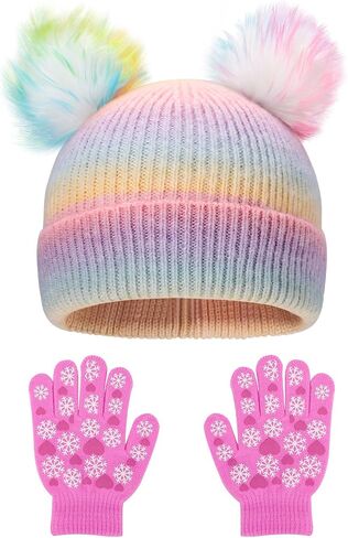 Little Girls Rainbow Beanie Hat and Glove Set Multicolor Knit Pompom Beanies for Winter Snow Ski Caps Age 3-8 in Saudi Arabia