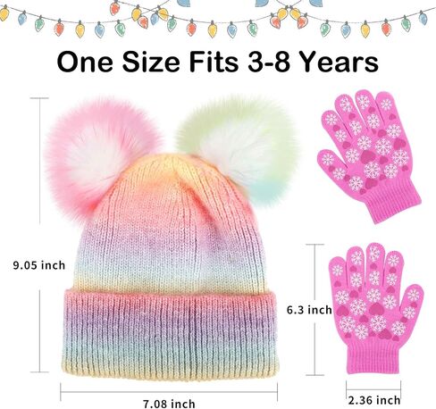 Little Girls Rainbow Beanie Hat and Glove Set Multicolor Knit Pompom Beanies for Winter Snow Ski Caps Age 3-8 in Saudi Arabia