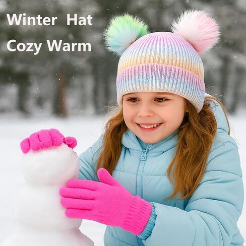 Little Girls Rainbow Beanie Hat and Glove Set Multicolor Knit Pompom Beanies for Winter Snow Ski Caps Age 3-8 in Saudi Arabia