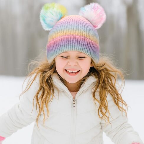 Little Girls Rainbow Beanie Hat and Glove Set Multicolor Knit Pompom Beanies for Winter Snow Ski Caps Age 3-8 in Saudi Arabia