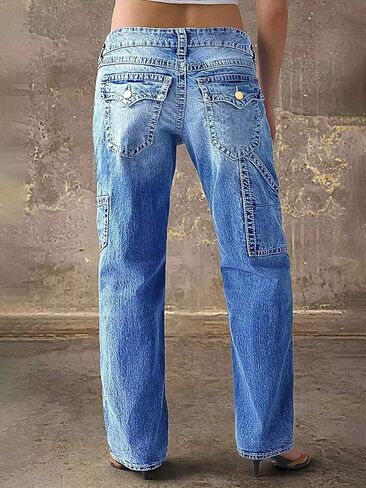 الجينز في منتصف الصعود جينز مستقيم الساق للنساء متعدد الجيبات جيب فاخر جينز عصري in Kuwait