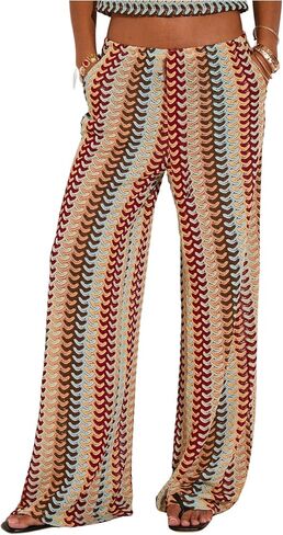 GORGLITTER Women's Crochet Color Block Pants Boho Casual Low Elastic Waisted Wide Leg Trousers Dressy Festival Outfit in Saudi Arabia