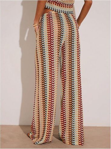GORGLITTER Women's Crochet Color Block Pants Boho Casual Low Elastic Waisted Wide Leg Trousers Dressy Festival Outfit in Saudi Arabia