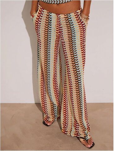 GORGLITTER Women's Crochet Color Block Pants Boho Casual Low Elastic Waisted Wide Leg Trousers Dressy Festival Outfit in Saudi Arabia