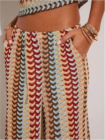 GORGLITTER Women's Crochet Color Block Pants Boho Casual Low Elastic Waisted Wide Leg Trousers Dressy Festival Outfit in Saudi Arabia
