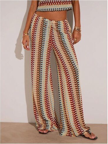 GORGLITTER Women's Crochet Color Block Pants Boho Casual Low Elastic Waisted Wide Leg Trousers Dressy Festival Outfit in Saudi Arabia