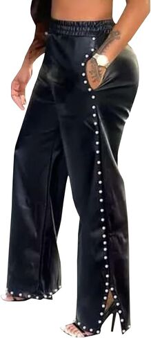SEMATOMALA Women's Wide Leg Faux Leather Pants Rivets Slit Elastic Waist Flare PU Trousers with Pockets in Saudi Arabia