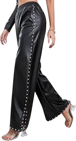 SEMATOMALA Women's Wide Leg Faux Leather Pants Rivets Slit Elastic Waist Flare PU Trousers with Pockets in Saudi Arabia