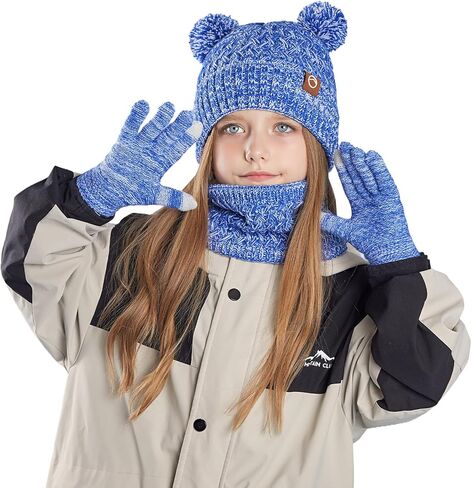 Kids Winter Hat Gloves مجموعة بوزة بيني مع شاشة تعمل باللمس الدافئة للبوموم للبلاد للبلاد هدية عيد الميلاد in Saudi Arabia