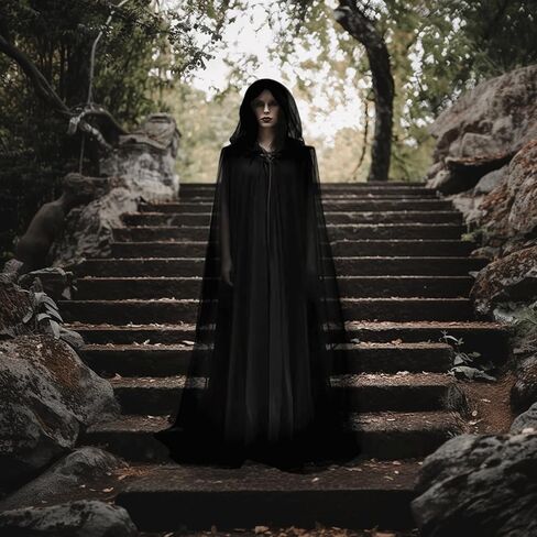Halloween Medieval Hooded Cloak 3-Layer Chiffon Gothic Witch Cape for Adults and Teens, Unisex Cosplay Costume in Kuwait