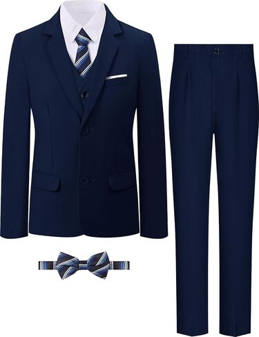 A&J DESIGN Boys Formal Slim Fit Suit Kid Tuxedo Dress Outfit, Jacket & Pants & Vest & Dress Shirt & Zipper Tie & Bowtie in Kuwait