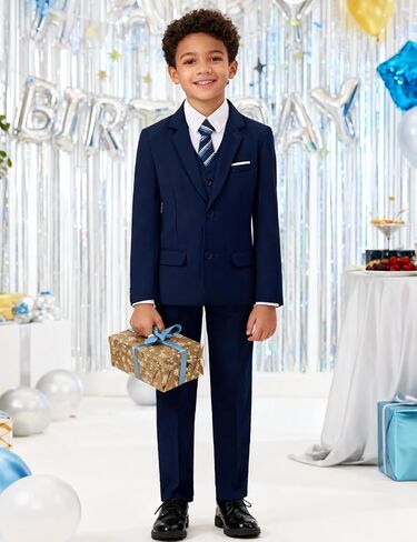 A&J DESIGN Boys Formal Slim Fit Suit Kid Tuxedo Dress Outfit, Jacket & Pants & Vest & Dress Shirt & Zipper Tie & Bowtie in Kuwait
