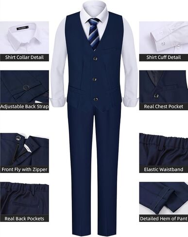 A&J DESIGN Boys Formal Slim Fit Suit Kid Tuxedo Dress Outfit, Jacket & Pants & Vest & Dress Shirt & Zipper Tie & Bowtie in Kuwait