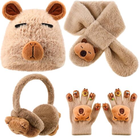 4 PCS Kids Winter Capybara Heat Remuffs وشاح وقفازات الأطفال مجموعة أفخم Capybara Winter Dark مجموعة من 7-12 in Saudi Arabia