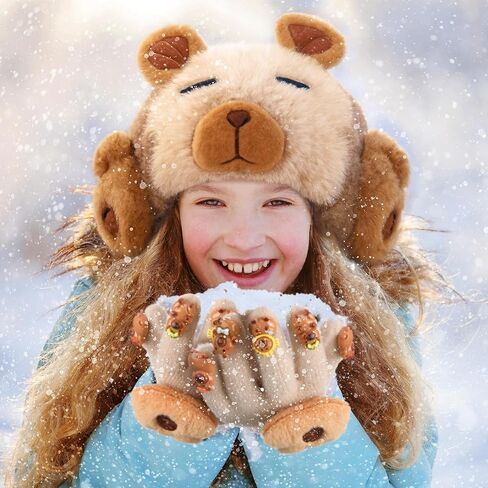 4 PCS Kids Winter Capybara Heat Remuffs وشاح وقفازات الأطفال مجموعة أفخم Capybara Winter Dark مجموعة من 7-12 in Saudi Arabia