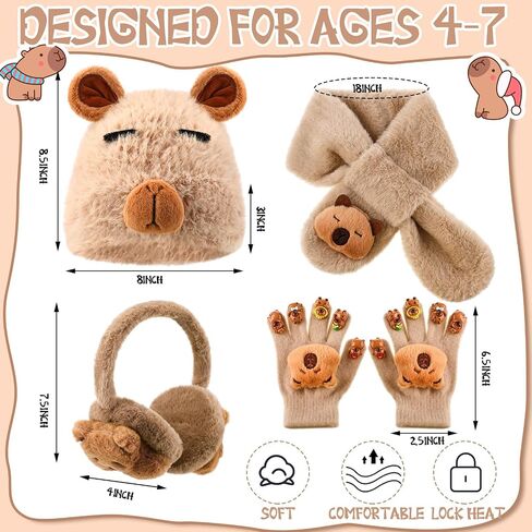 4 PCS Kids Winter Capybara Heat Remuffs وشاح وقفازات الأطفال مجموعة أفخم Capybara Winter Dark مجموعة من 7-12 in Saudi Arabia