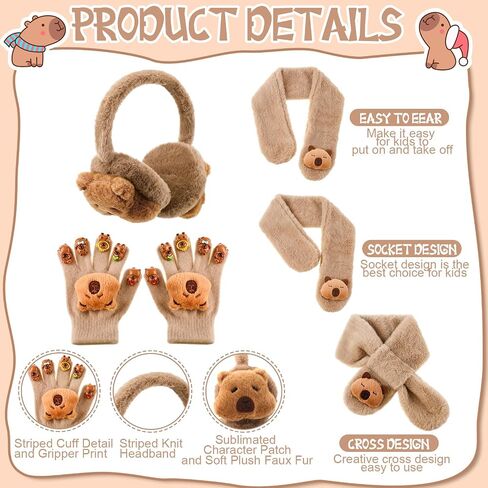 4 PCS Kids Winter Capybara Heat Remuffs وشاح وقفازات الأطفال مجموعة أفخم Capybara Winter Dark مجموعة من 7-12 in Saudi Arabia