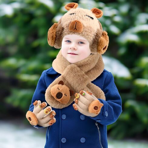 4 PCS Kids Winter Capybara Heat Remuffs وشاح وقفازات الأطفال مجموعة أفخم Capybara Winter Dark مجموعة من 7-12 in Saudi Arabia