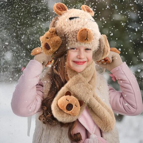 4 PCS Kids Winter Capybara Heat Remuffs وشاح وقفازات الأطفال مجموعة أفخم Capybara Winter Dark مجموعة من 7-12 in Saudi Arabia