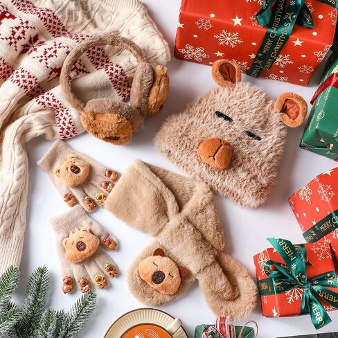 4 PCS Kids Winter Capybara Heat Remuffs وشاح وقفازات الأطفال مجموعة أفخم Capybara Winter Dark مجموعة من 7-12 in Saudi Arabia