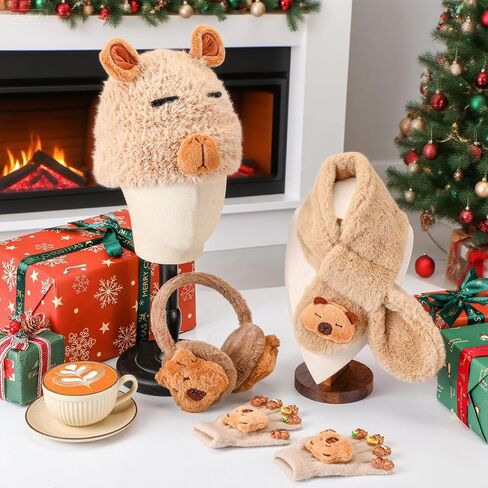 4 PCS Kids Winter Capybara Heat Remuffs وشاح وقفازات الأطفال مجموعة أفخم Capybara Winter Dark مجموعة من 7-12 in Saudi Arabia