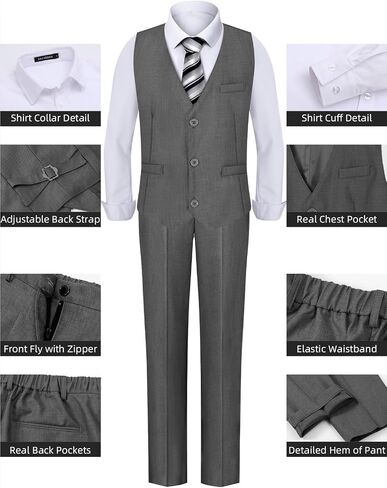 A&J DESIGN Boys Formal Slim Fit Suit Kid Tuxedo Dress Outfit, Jacket & Pants & Vest & Dress Shirt & Zipper Tie & Bowtie in Kuwait