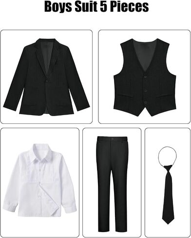 Boys Lightweight Suit 5 Pieces Casual Kids Lightweight Tuxedo for Boy Wedding Outfit Blazer Vest and Pants Set with Shirt Tie in Kuwait