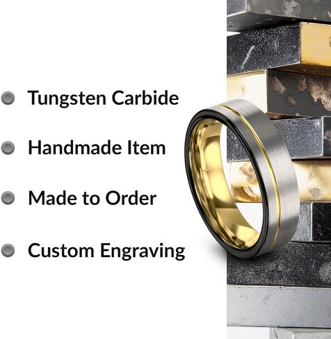 حلقة زفاف Tungsten حلقة 12 مم 9 مم 8 مم 7 مم للرجال نساء 18K الذهب الأصفر مطلي مسطح قطع أسود رمادي مصقول in Kuwait