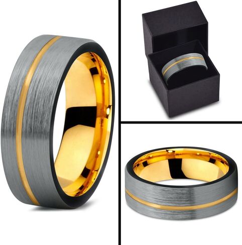 حلقة زفاف Tungsten حلقة 12 مم 9 مم 8 مم 7 مم للرجال نساء 18K الذهب الأصفر مطلي مسطح قطع أسود رمادي مصقول in Kuwait