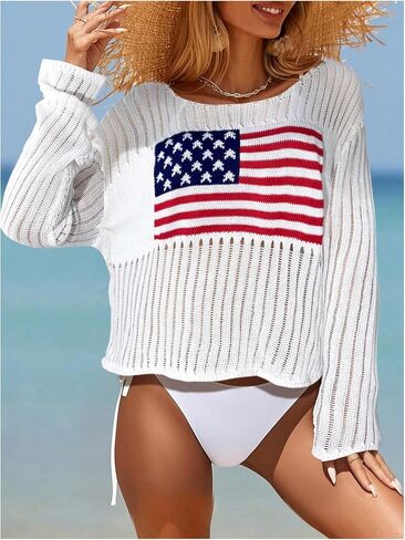 SOLY HUX Women's Hollow Out Knit American Flag Sweater Long Sleeve Pullover Coverups Knitwear in Saudi Arabia
