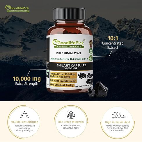 Pure Himalayan Shilajit Capsules10000 MG. Rich in Trace Mineral & Fulvic Acid sourced from High Altitude. AllNatural,Vegan, Non GMO 90ct. Extracted Traditionally, No Magnesium Stearate, No Rice Flour in Saudi Arabia