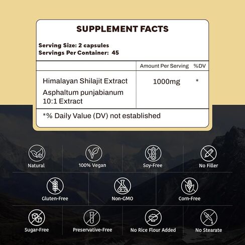 Pure Himalayan Shilajit Capsules10000 MG. Rich in Trace Mineral & Fulvic Acid sourced from High Altitude. AllNatural,Vegan, Non GMO 90ct. Extracted Traditionally, No Magnesium Stearate, No Rice Flour in Saudi Arabia