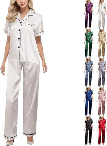 Pajama Sets For Women 2 Piece Pants Short Sleeve Button Down Shirt Nightwear Silk Satin Sleepwear Pj Lounge Set in Saudi Arabia